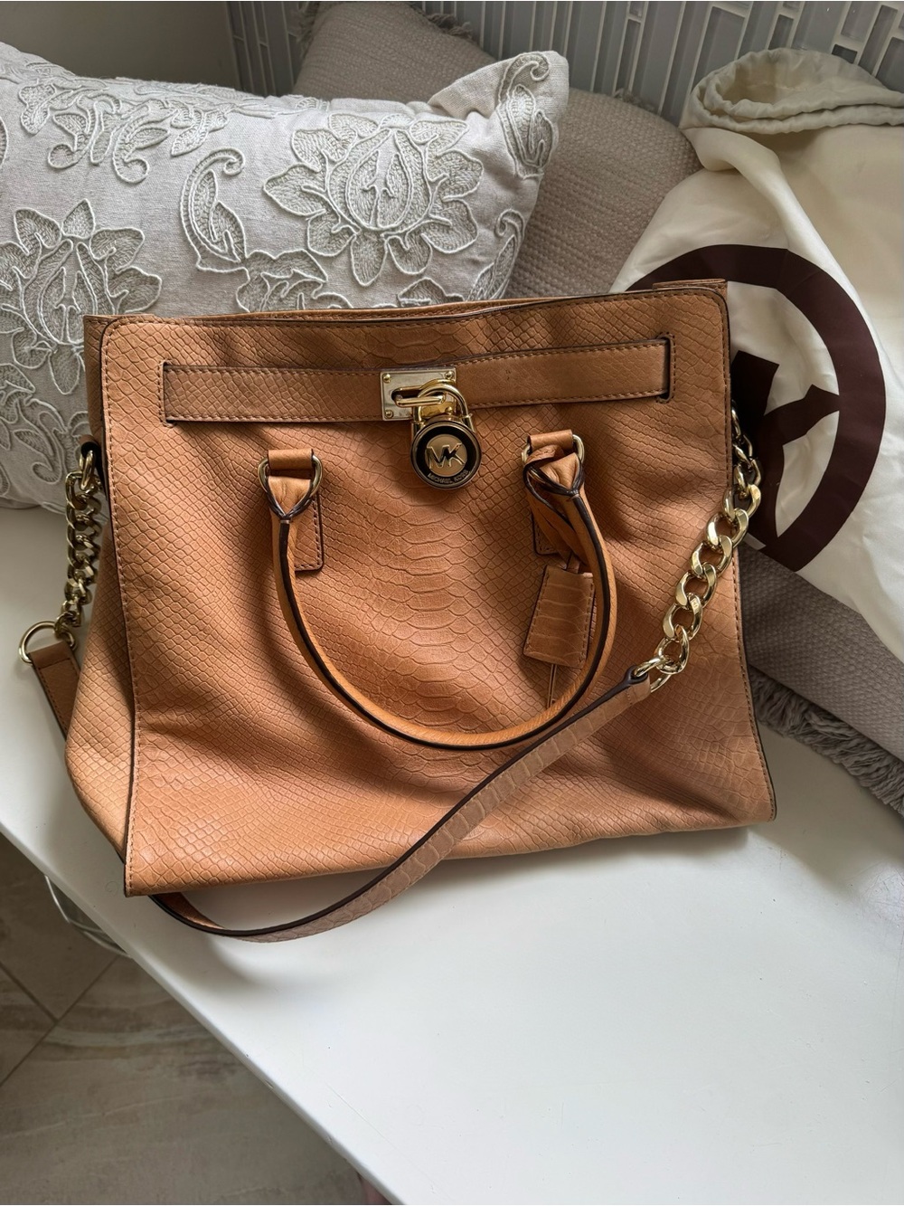 Michael Kors Cognac Textured Leather Shoulder Tote with Gold Hardware